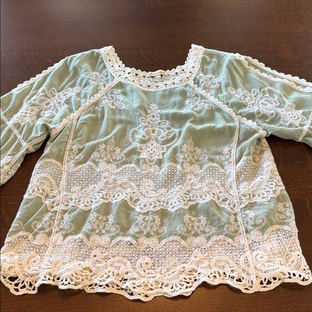 Democracy Embroidered Top Womens Large Green Lace Crochet Boho Peasant fairycore - Picture 7 of 11